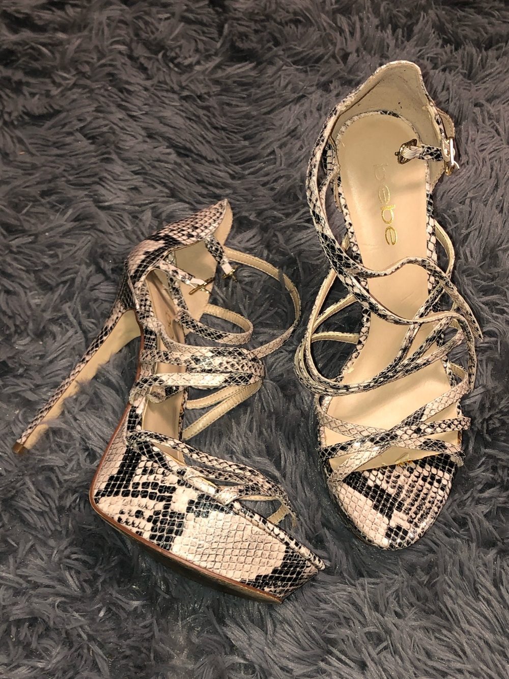 WW WELL WORN Strappy Snake-Print High Heel Stilletos - Beige/Black